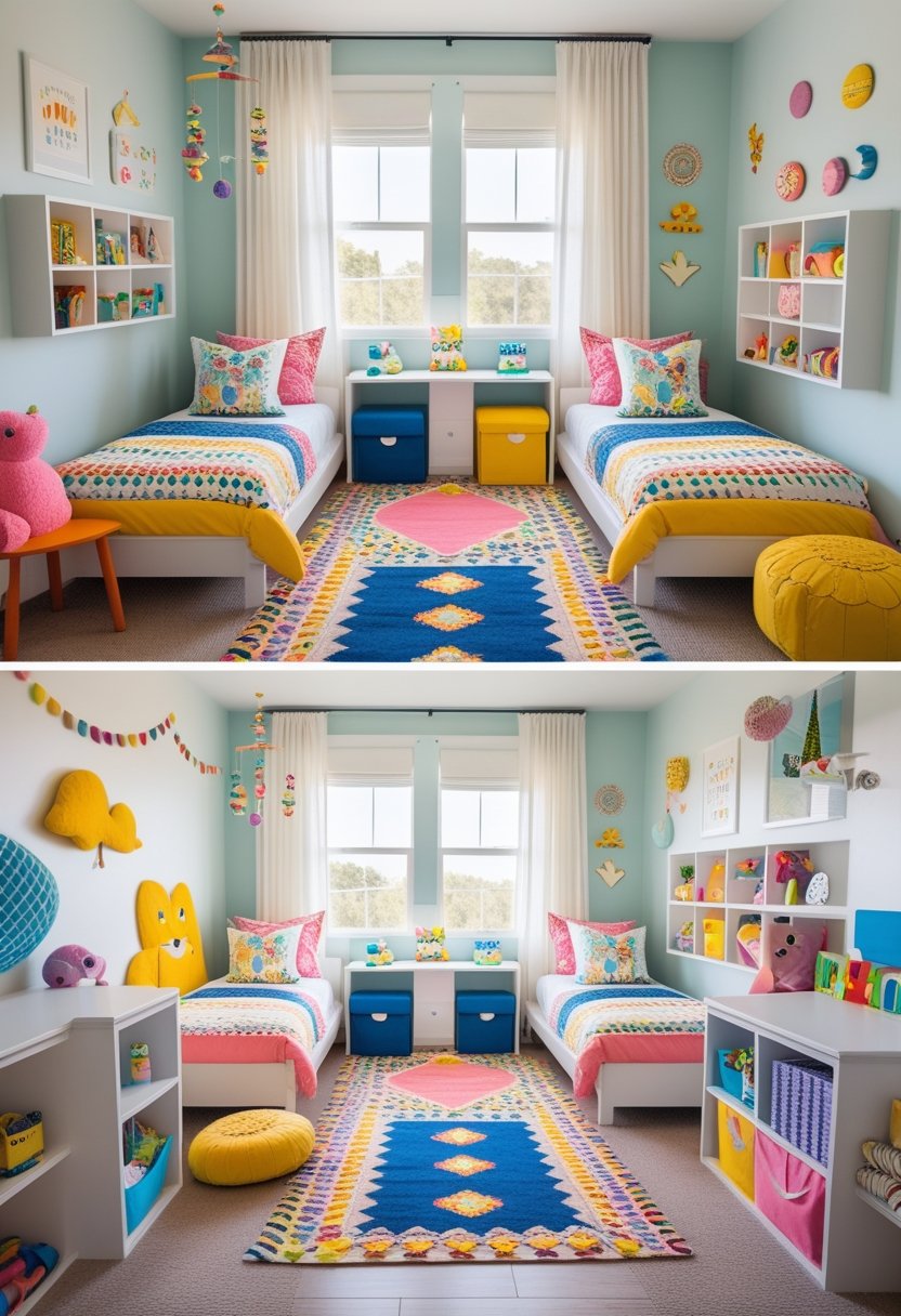 A twin kids' bedroom with two beds, desks, storage shelves, and playful decorations, designed for siblings sharing the space.
