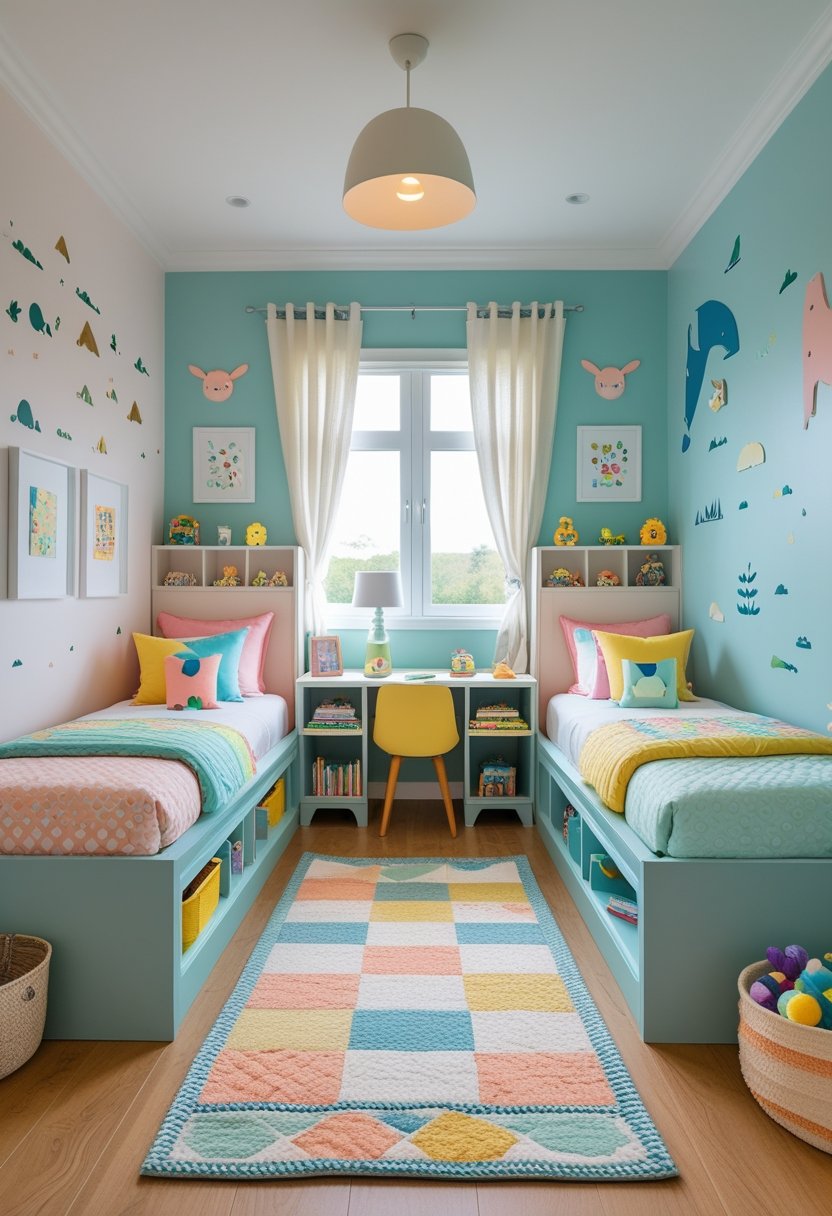 A shared twin kids' bedroom with two beds, storage drawers, a bookshelf, a desk, and colorful decorations.