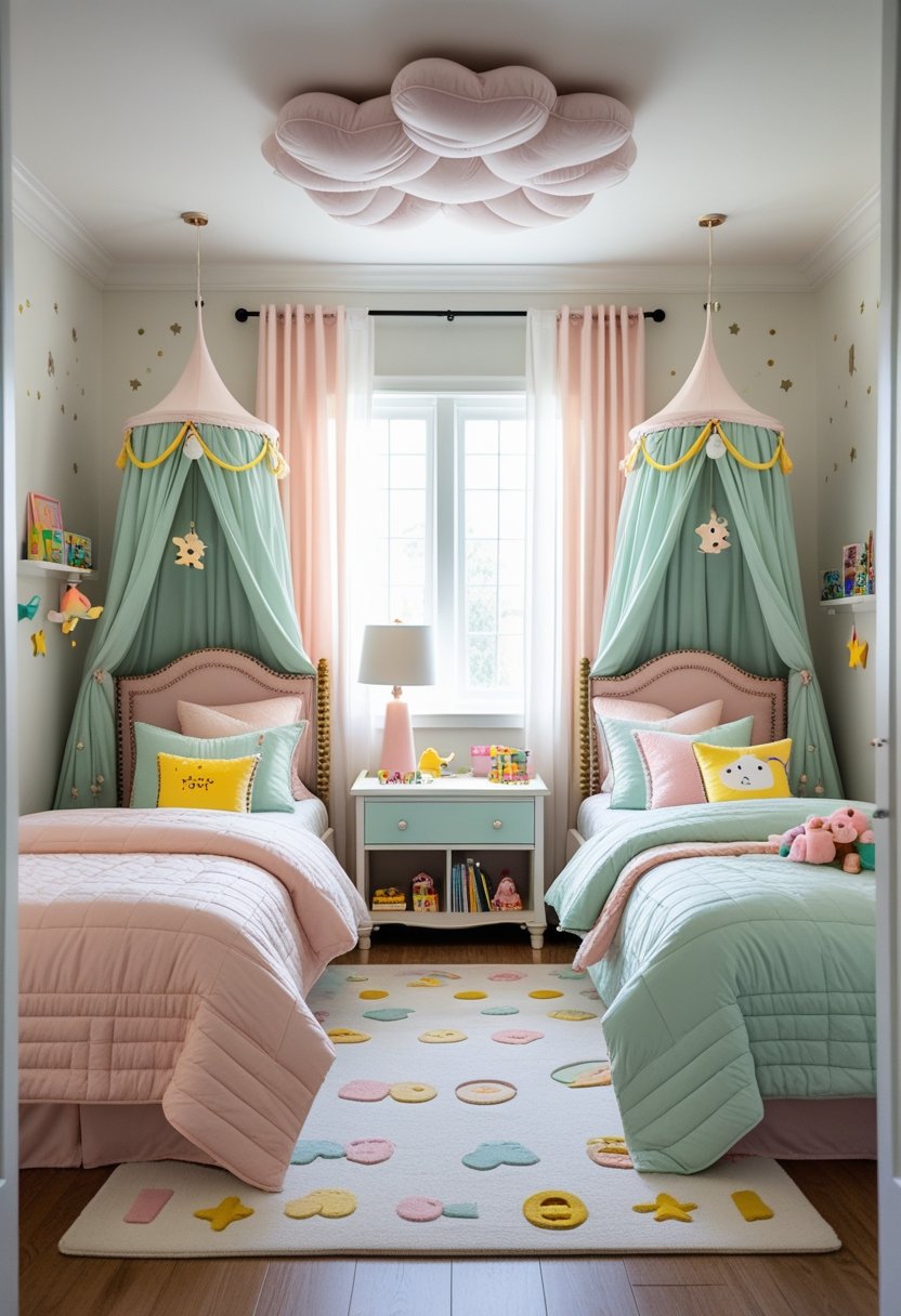A shared bedroom with two twin beds, colorful bedding, stuffed animals, a small nightstand, bookshelf with toys, and natural light coming through a window.