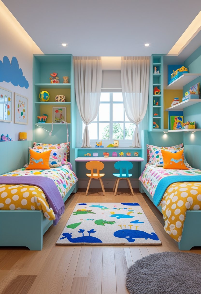 A shared kids' bedroom with two beds, colorful bedding, toys, and a play area illuminated by natural light.