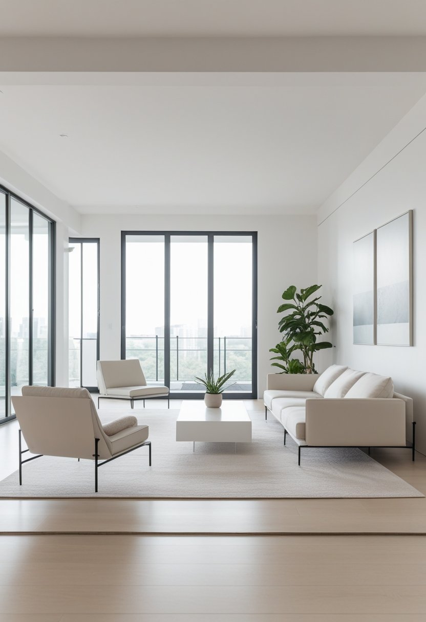 A bright open living room with modern furniture, large windows, and light hardwood floors.