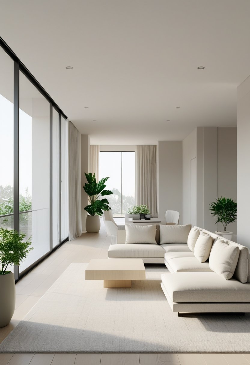 A bright open living room with a small sofa, coffee table, large windows, and light wooden flooring.