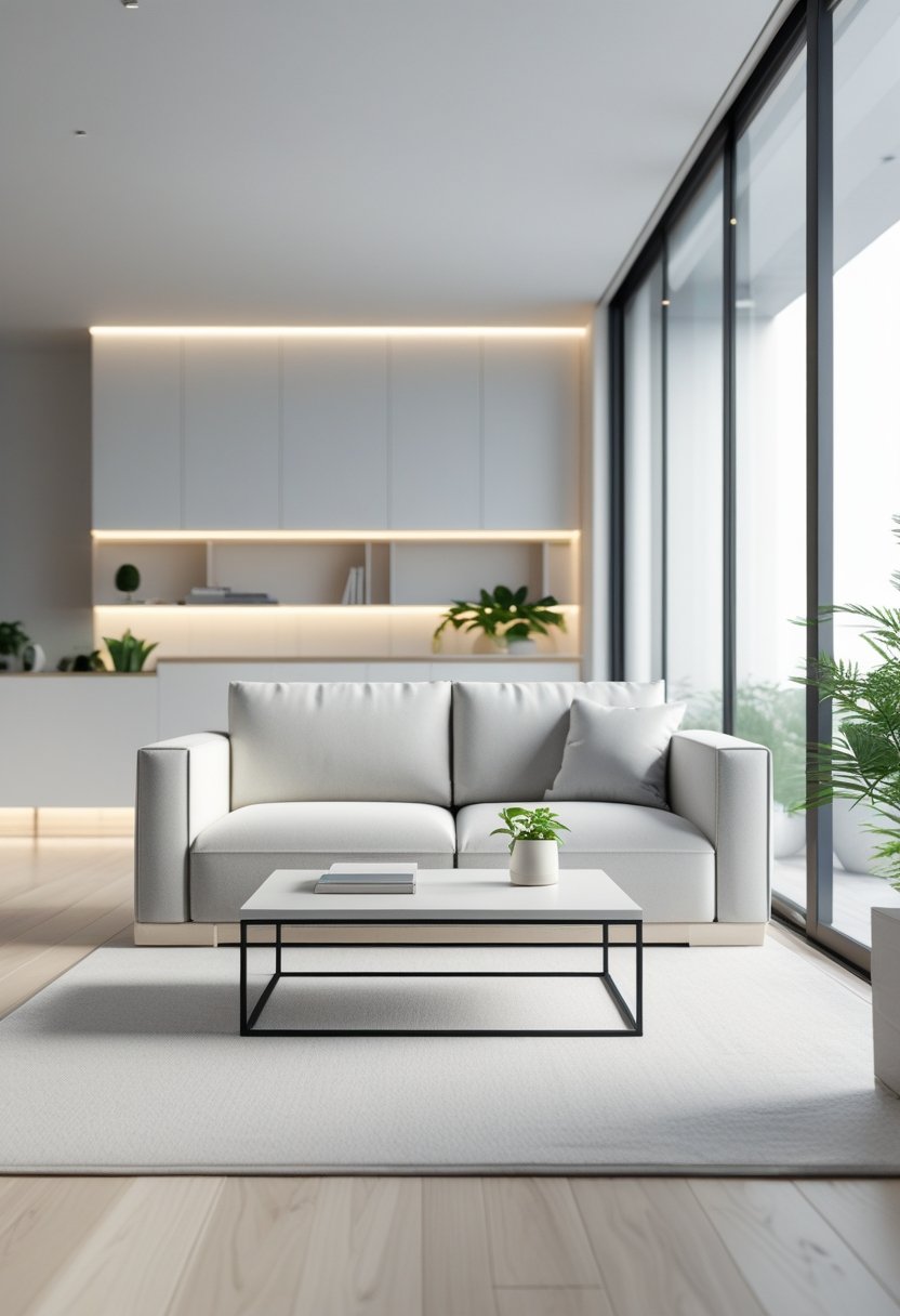 An open living room with a small sofa, coffee table, large windows, and minimal furniture arranged spaciously.