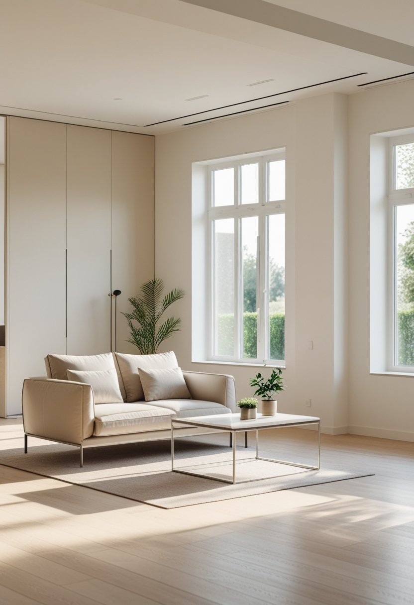 A bright living room with a small sofa, coffee table, large windows, and natural light.