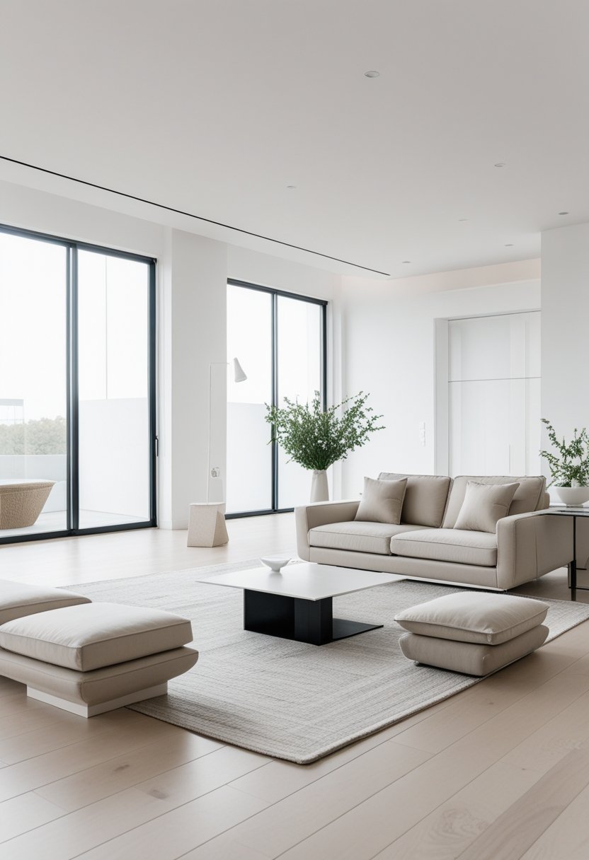 An open living room with a small sofa, coffee table, large windows, and light hardwood floors.