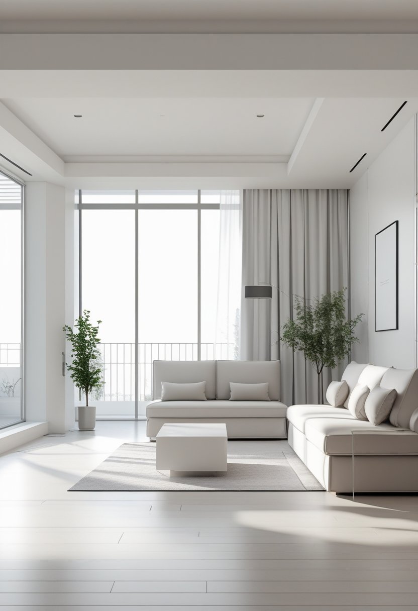 Bright living room with a sofa, coffee table, floor lamp, and large windows letting in natural light.