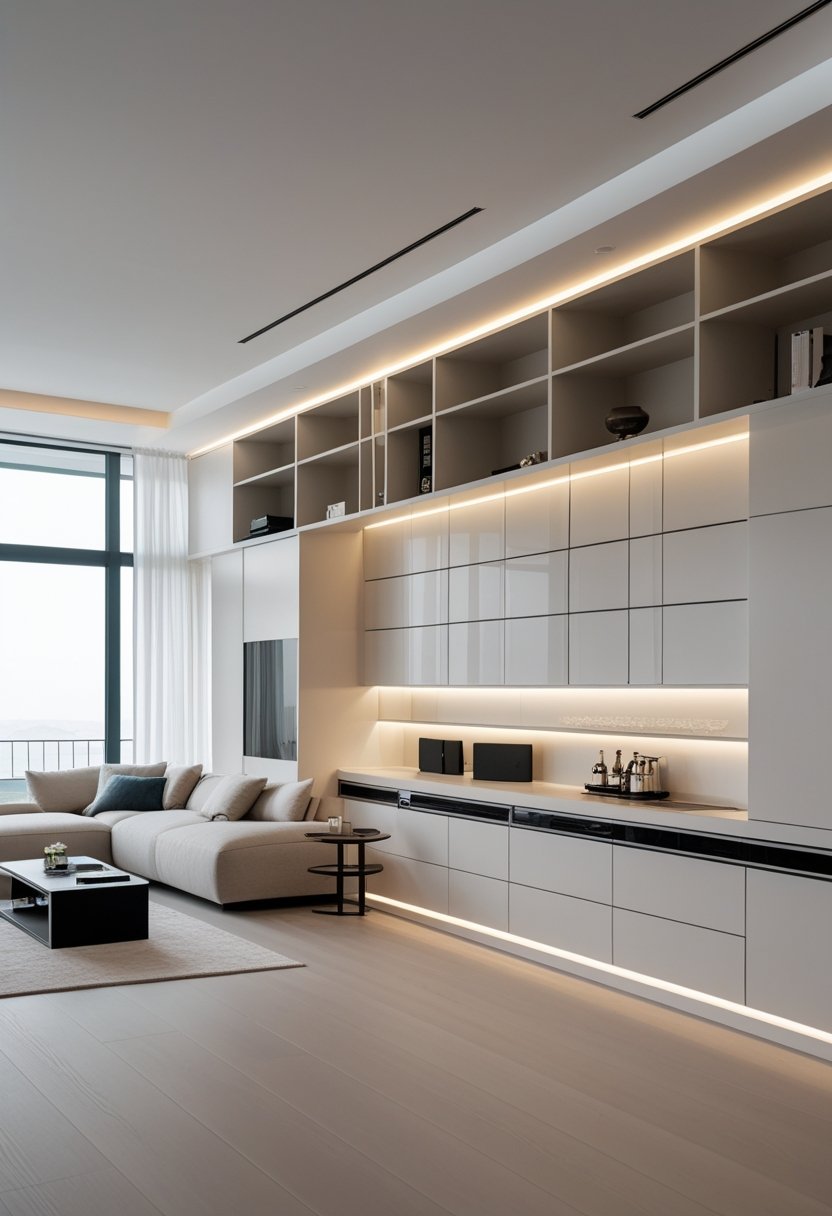 Open living room with built-in shelves, a mini bar, sofa, and large windows letting in natural light.