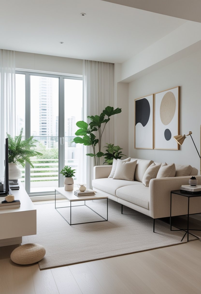 A bright and airy living room with a sofa, coffee table, floor lamp, plants, and decorative items arranged neatly.