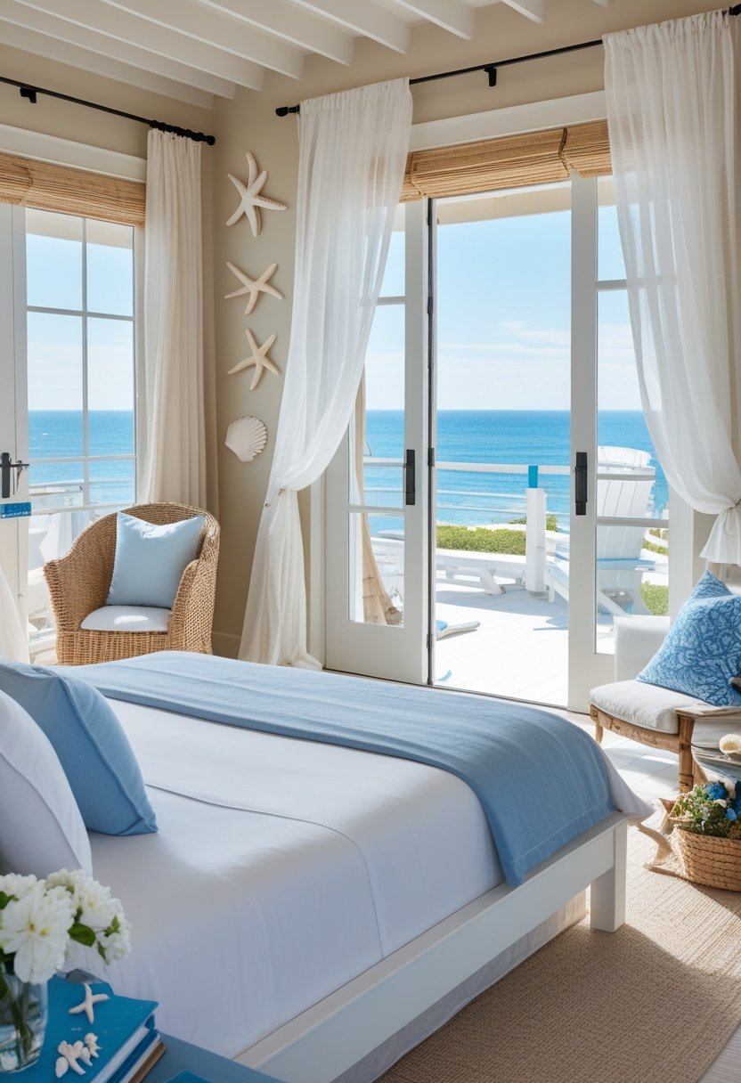 A bright bedroom with a large bed, blue and white bedding, wooden furniture, coastal decorations, and a window showing the ocean outside.
