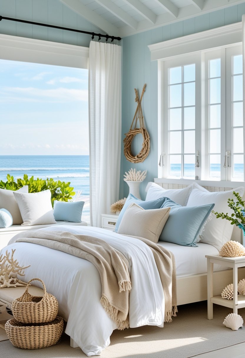A bedroom with a bed, natural light from large windows, coastal decor, and soft blue and beige colors.