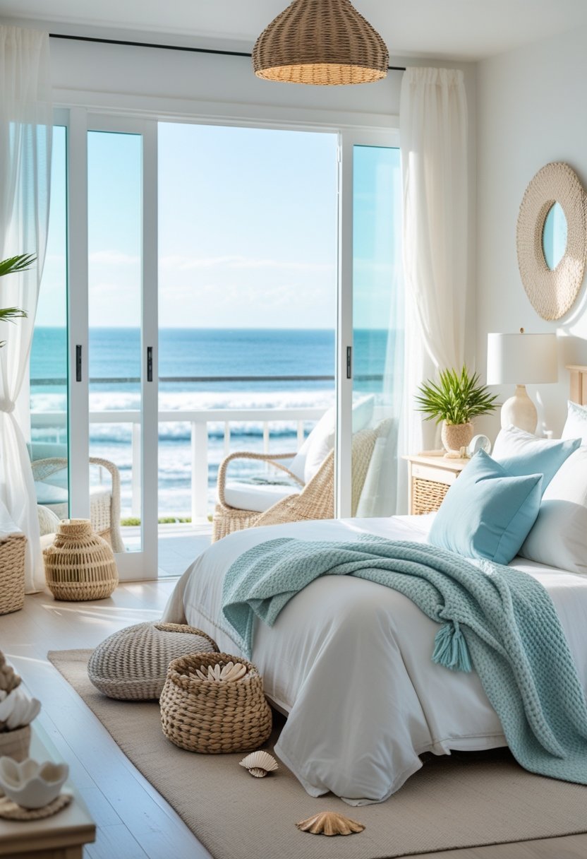 A bright bedroom with a made bed, ocean view through large windows, light wooden furniture, and coastal decor.