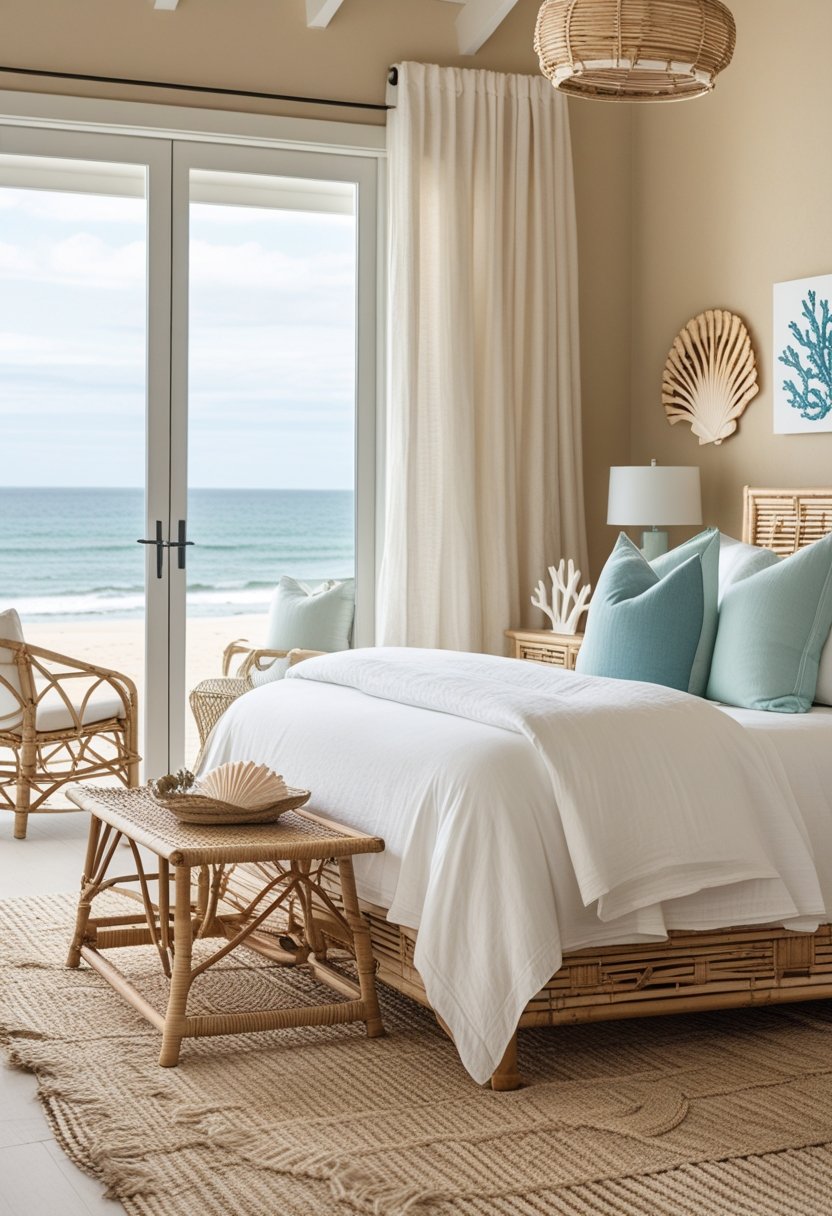A bright bedroom with a made bed, natural light, woven furniture, and a window showing the ocean.