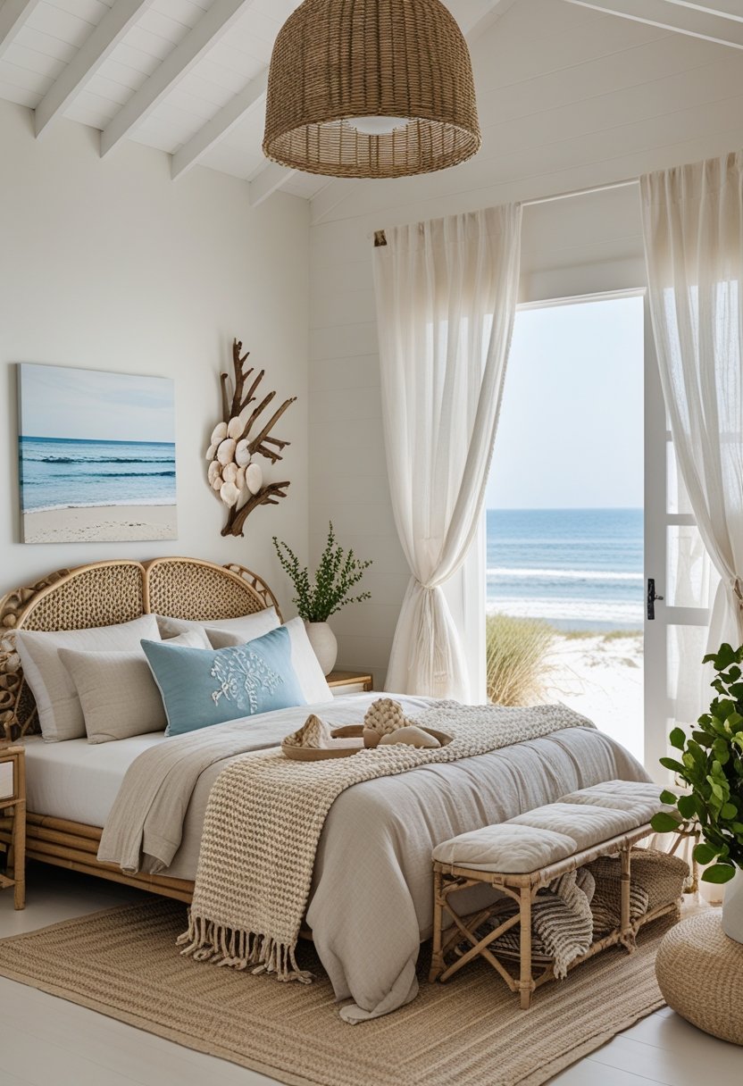 A bright bedroom with a bed, natural wood furniture, coastal decorations, and an open window showing the ocean.