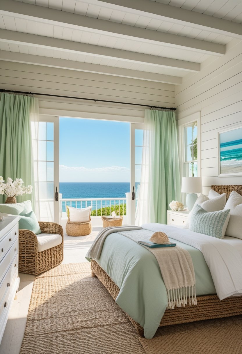 A bright bedroom with a large bed, ocean view windows, light curtains, and natural coastal decor including driftwood and woven baskets.