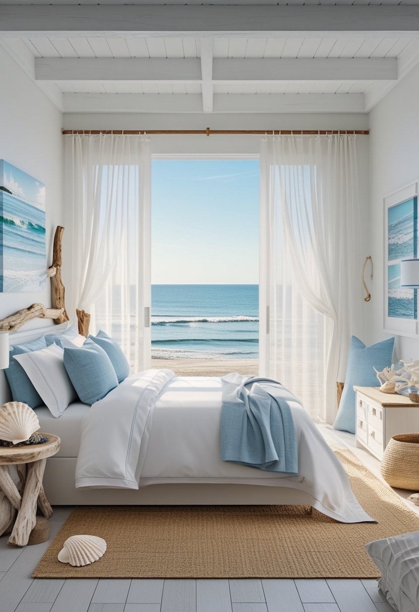 A bright bedroom with a neatly made bed, natural light coming through a window, and a view of the ocean outside.