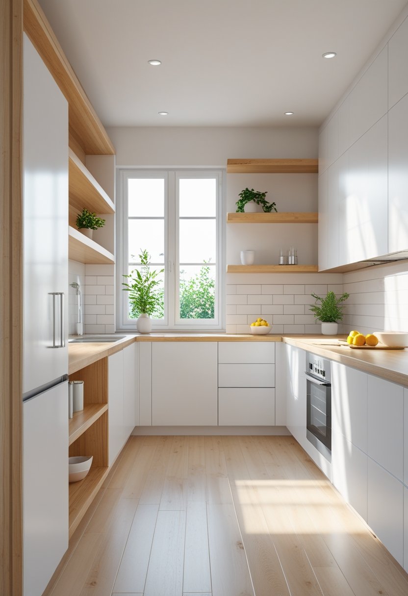 A bright modern kitchen with white cabinets, wooden countertops, and a central island with plants and fruit.