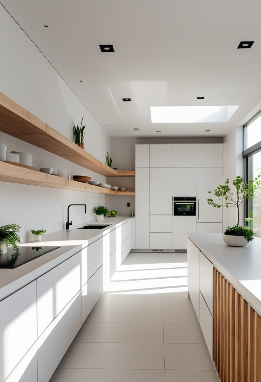 A bright kitchen with clean lines, natural wood cabinets, a large island, and potted plants.
