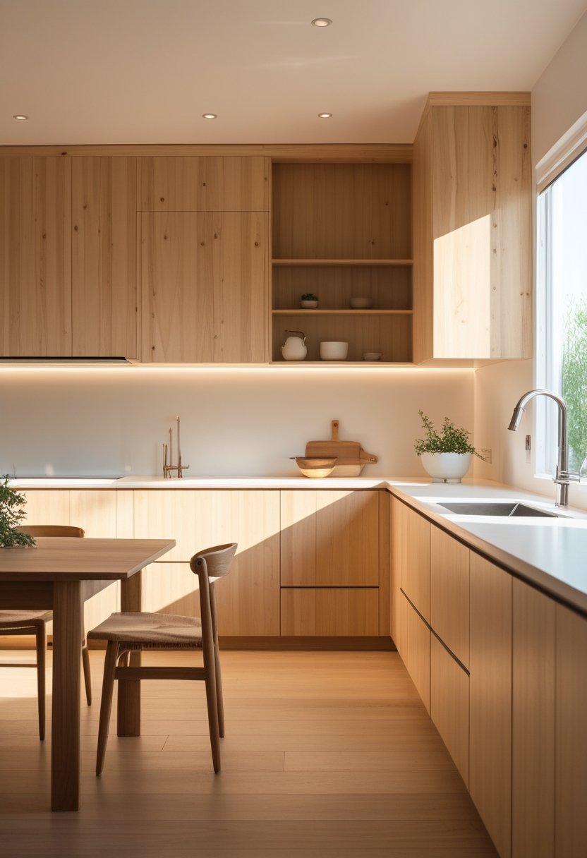 A bright kitchen with wooden cabinets, a dining table, and natural light filling the space.