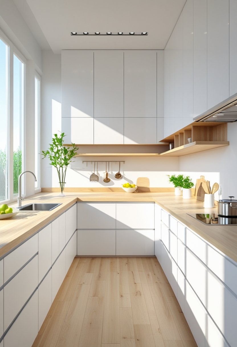 A bright, clean kitchen with white cabinets, natural wood countertops, and large windows letting in daylight.