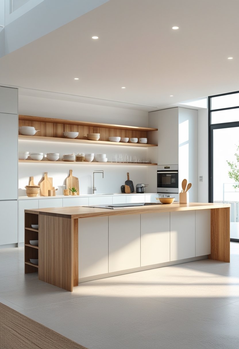 A bright and clean kitchen interior with wooden countertops, open shelves, and natural light coming through large windows.