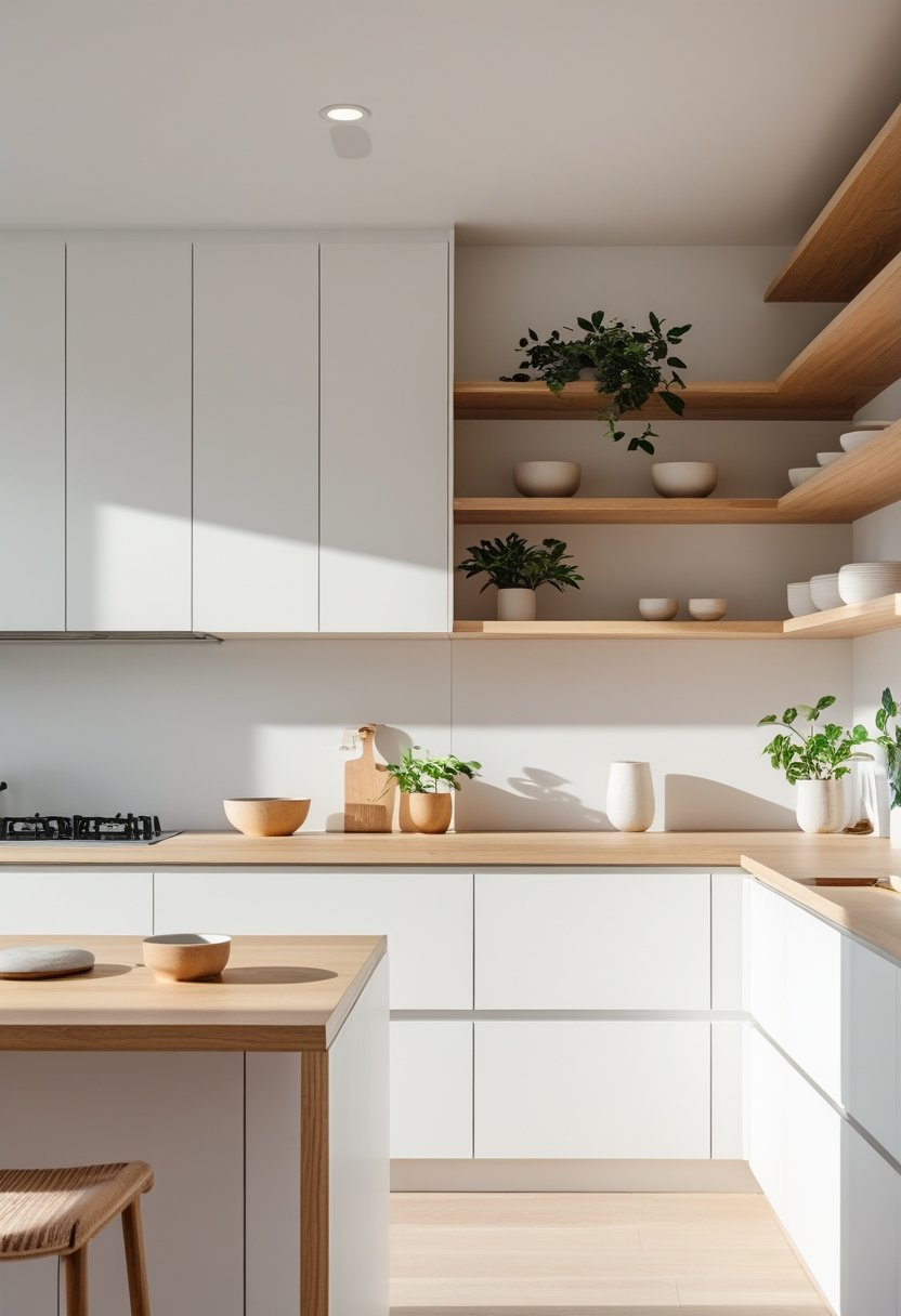 A bright kitchen with white cabinets, wooden countertops, shelves with plants and bowls, and natural light coming through a window.