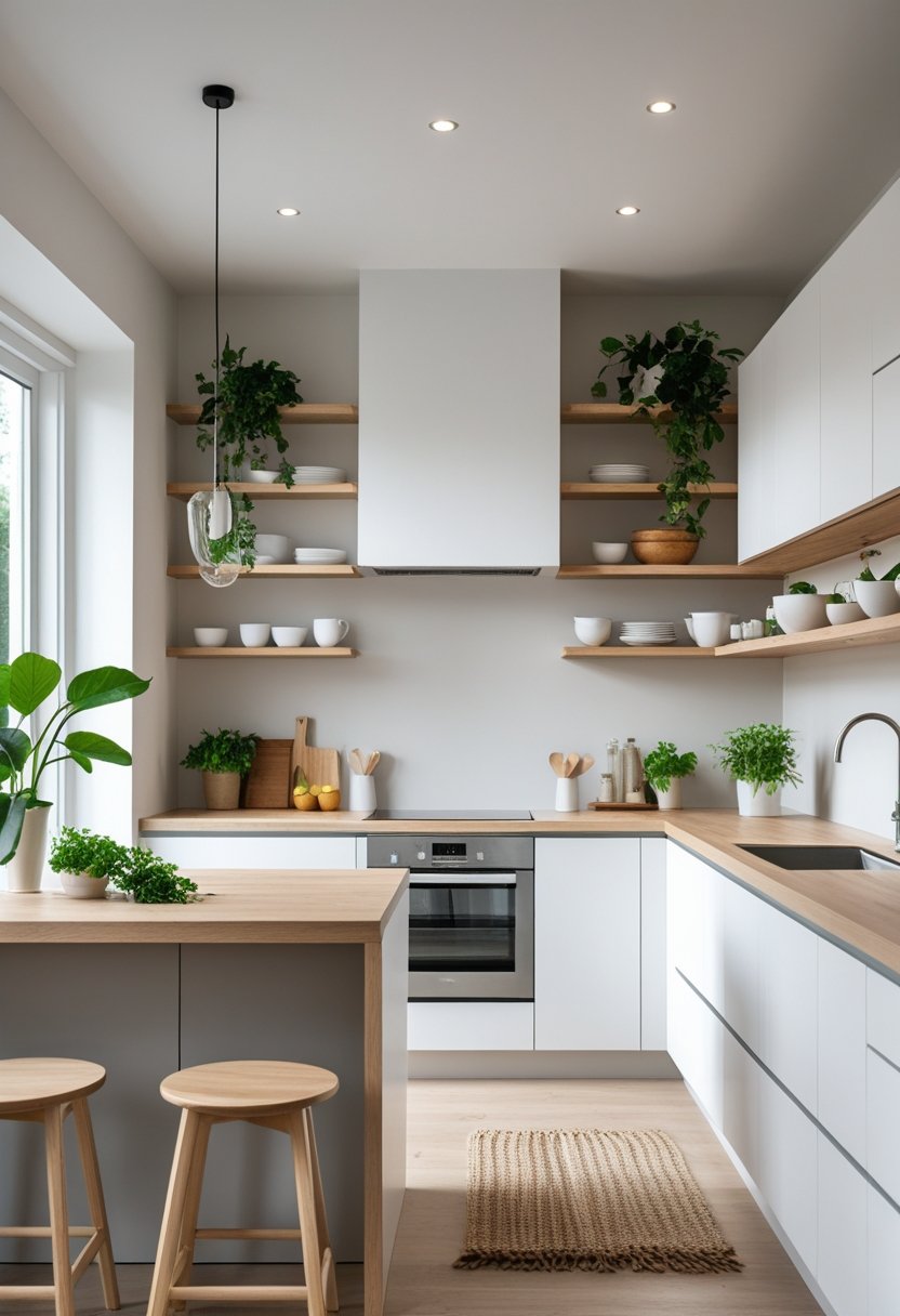 A bright modern kitchen with natural wood cabinets, a kitchen island, and green plants.