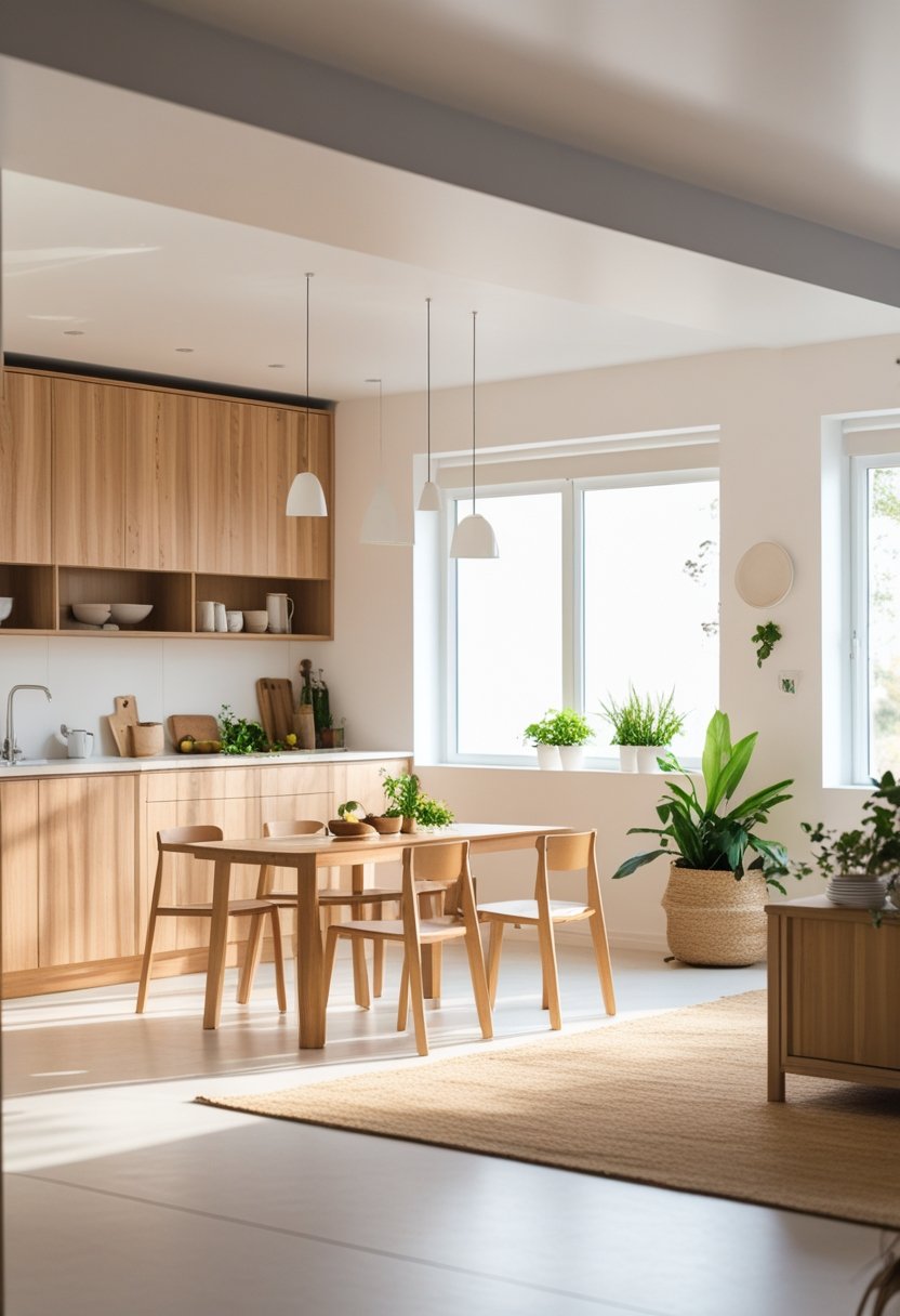 A bright kitchen with a wooden dining table and chairs, natural light coming through large windows, and plants on the countertop.
