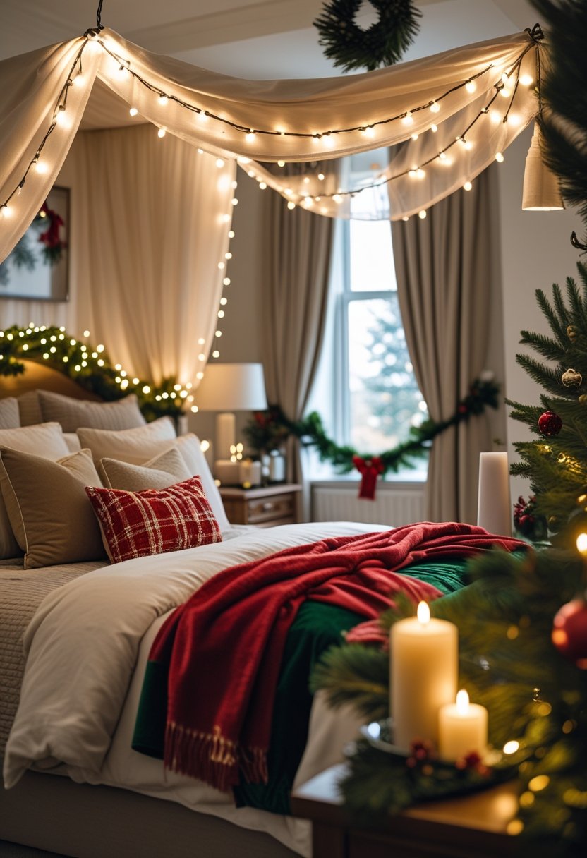 A bedroom decorated for Christmas with a canopy bed, festive pillows, and holiday decorations.