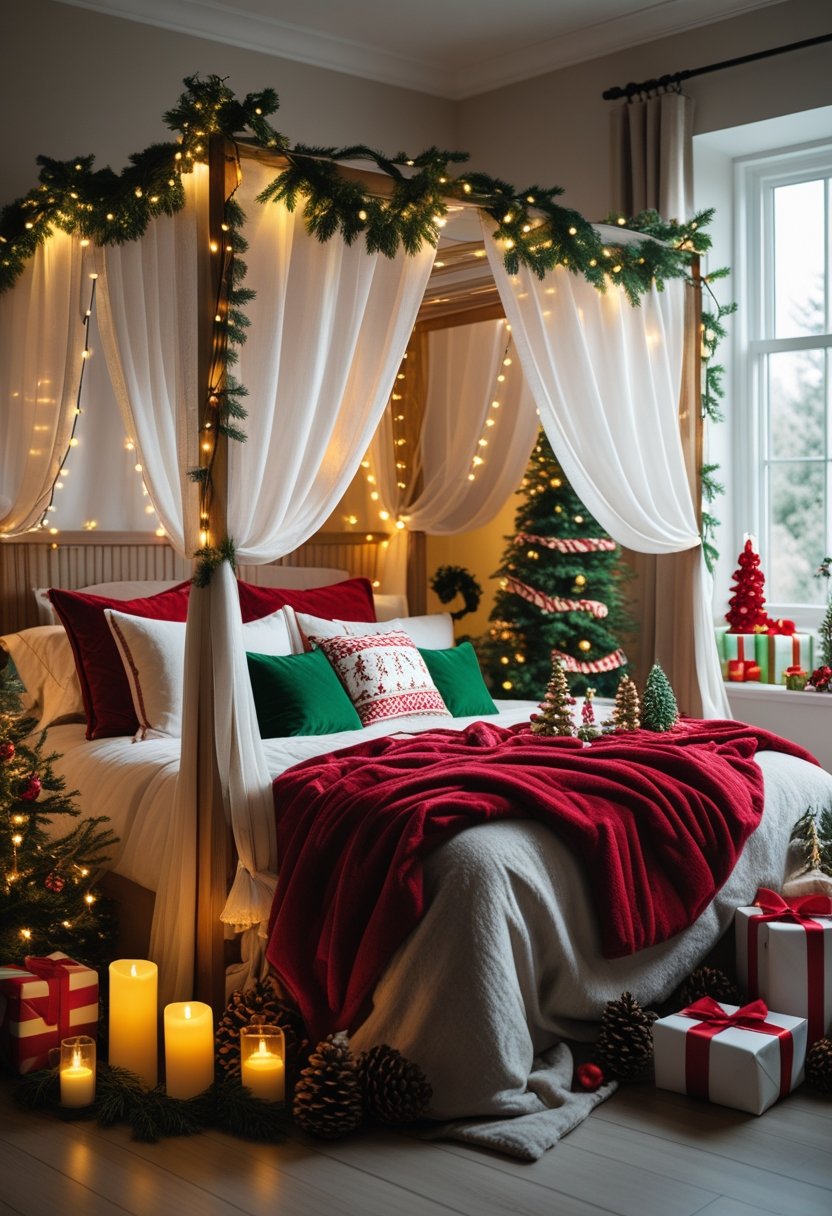 A cozy bedroom decorated for Christmas with a canopy bed, string lights, a small Christmas tree, and holiday decorations.