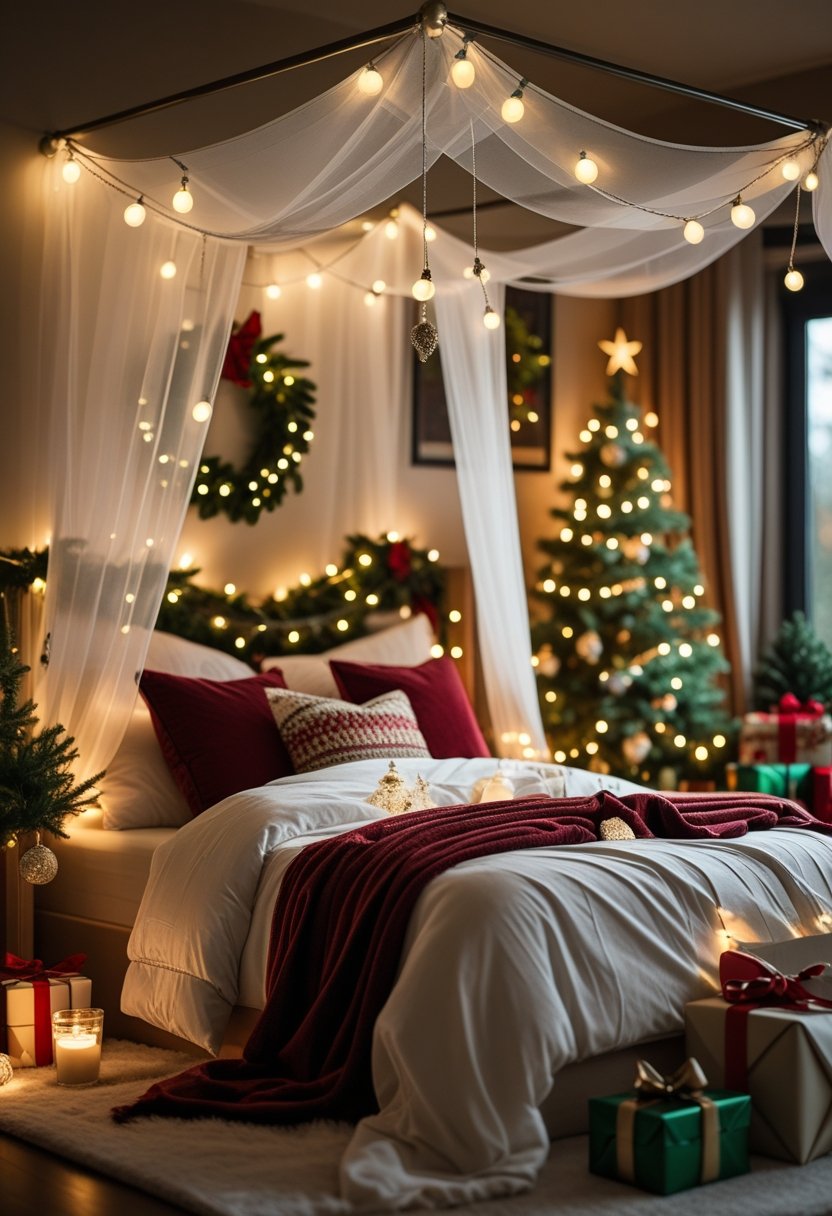 A cozy bedroom decorated for Christmas with a bed featuring a white canopy, festive red and green bedding, and holiday decorations including fairy lights and pine garlands.