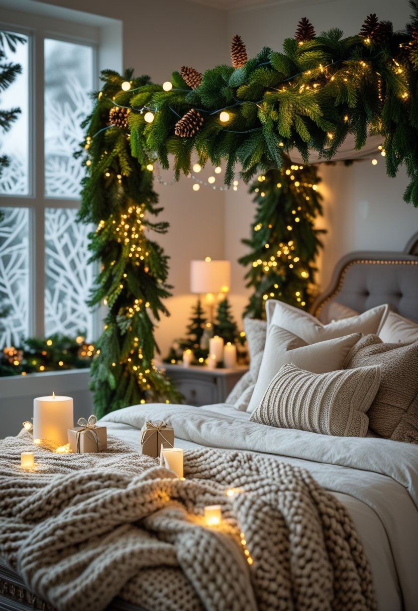 A cozy bedroom decorated with green garlands and fairy lights around a canopy bed, with festive holiday decorations and soft natural light.