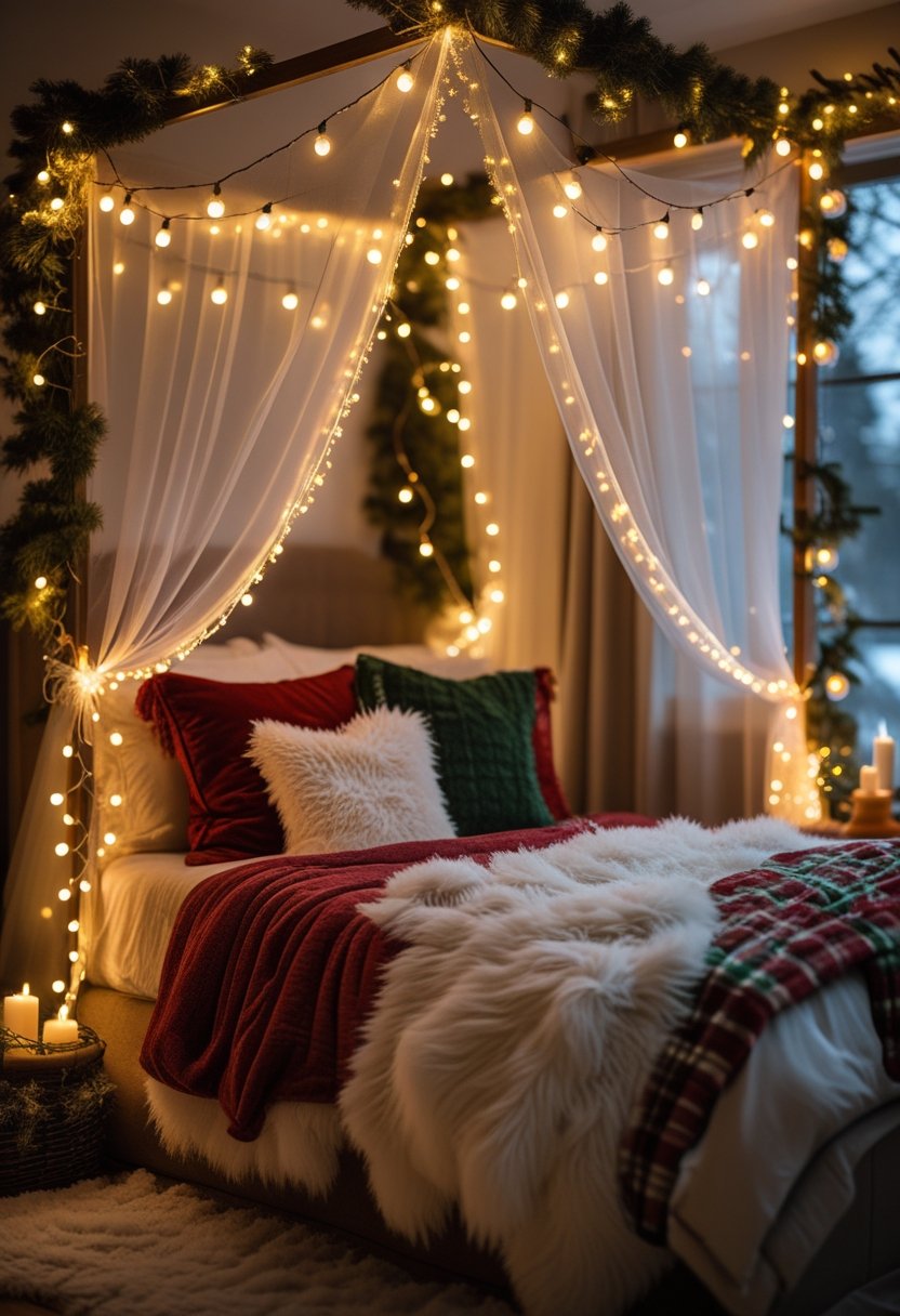 A cozy bedroom decorated for Christmas with a canopy bed wrapped in fairy lights and warm holiday decorations.