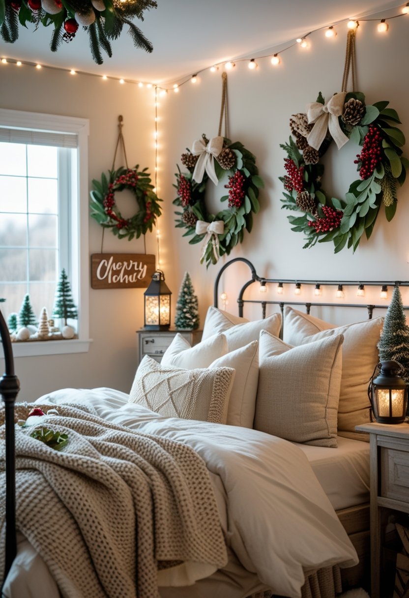 A cozy bedroom decorated for Christmas with wreaths, a canopy bed, pillows, blankets, and rustic holiday accents.