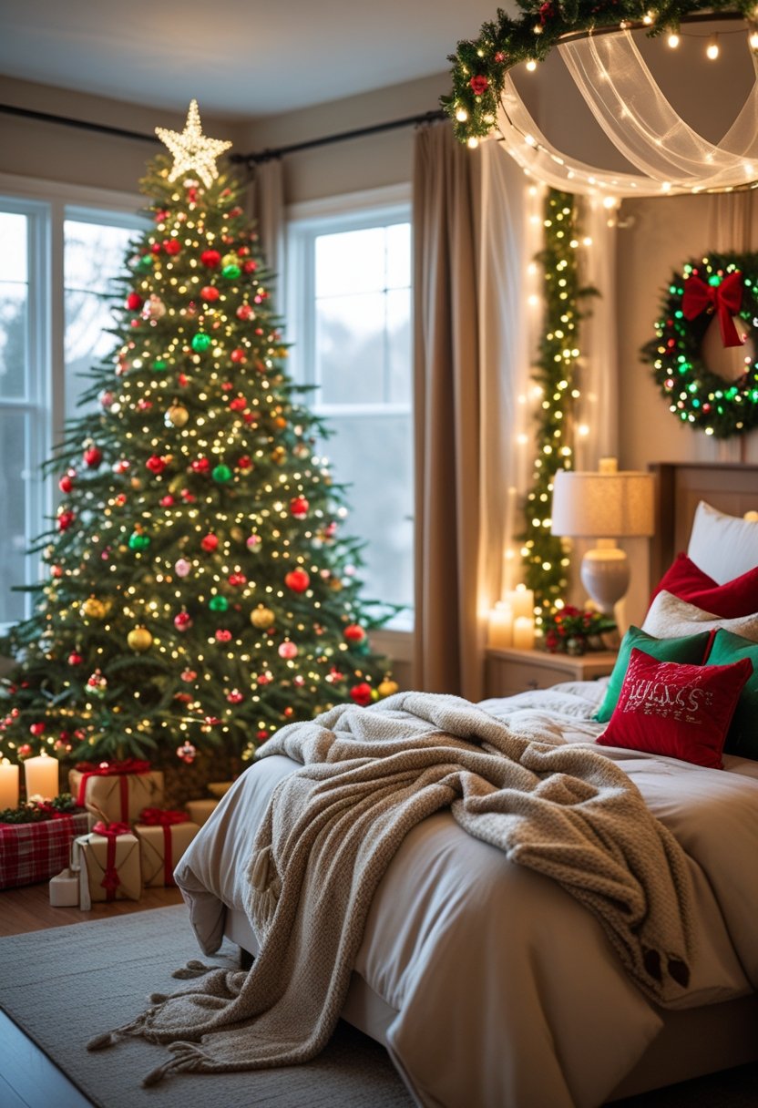 A cozy bedroom decorated for Christmas with a Christmas tree, festive ornaments, a canopy bed, and holiday decorations.