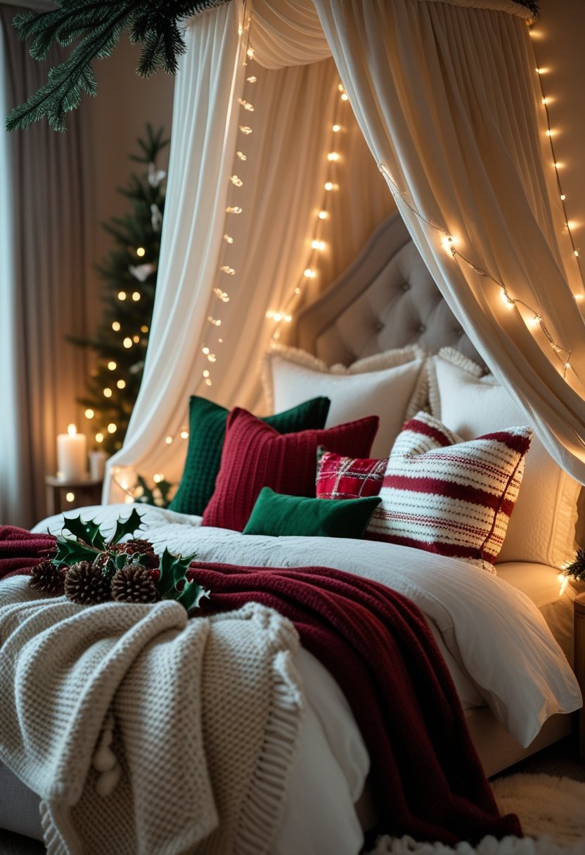 A cozy bedroom decorated for Christmas with a bed under a soft canopy, layered blankets and pillows, holiday ornaments, string lights, and warm lighting.