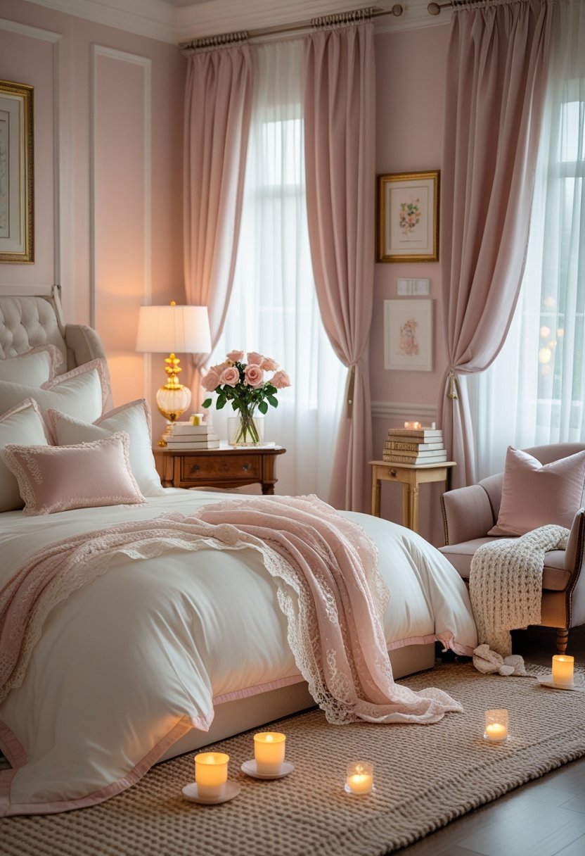 A romantic bedroom with a large bed, soft linens, bedside lamps, fresh roses on a nightstand, and a cozy armchair near a window.