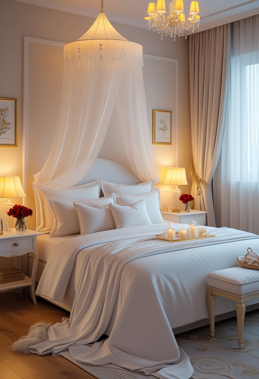 A romantic bedroom with a neatly made bed, soft lighting, fresh flowers, and cozy decor.