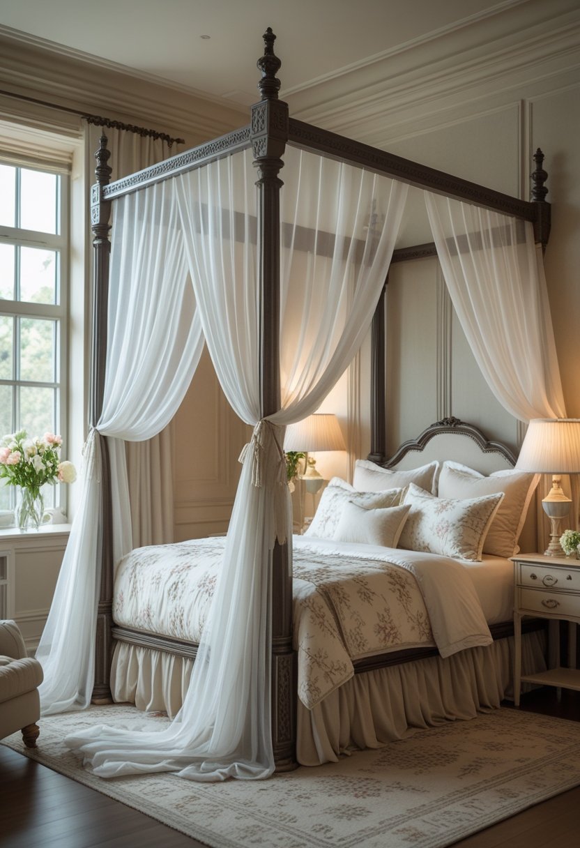 A romantic bedroom with a canopy and four-poster bed draped in sheer curtains, soft bedding, and warm natural light.