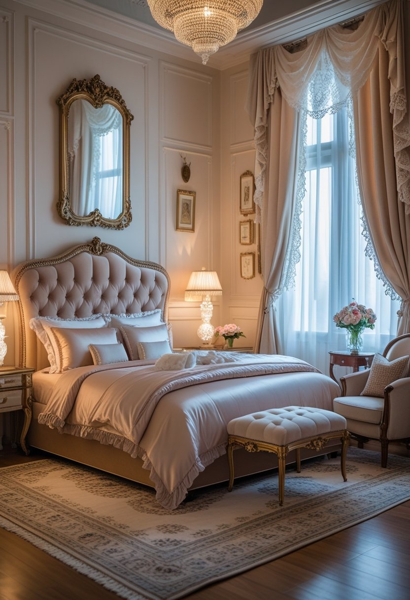 A romantic bedroom with a large bed, soft curtains, elegant furniture, and warm lighting.