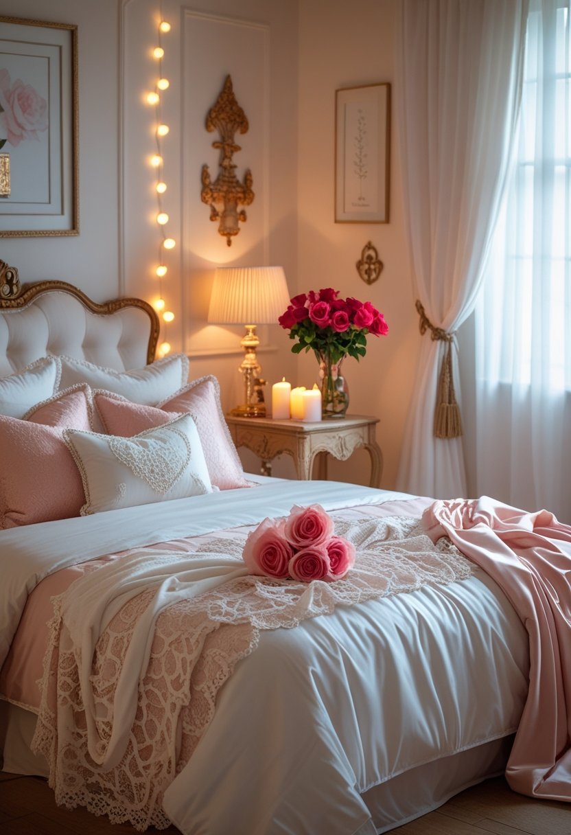 A romantic bedroom with a large bed, soft linens, warm lighting, candles, flowers, and decorative accents.