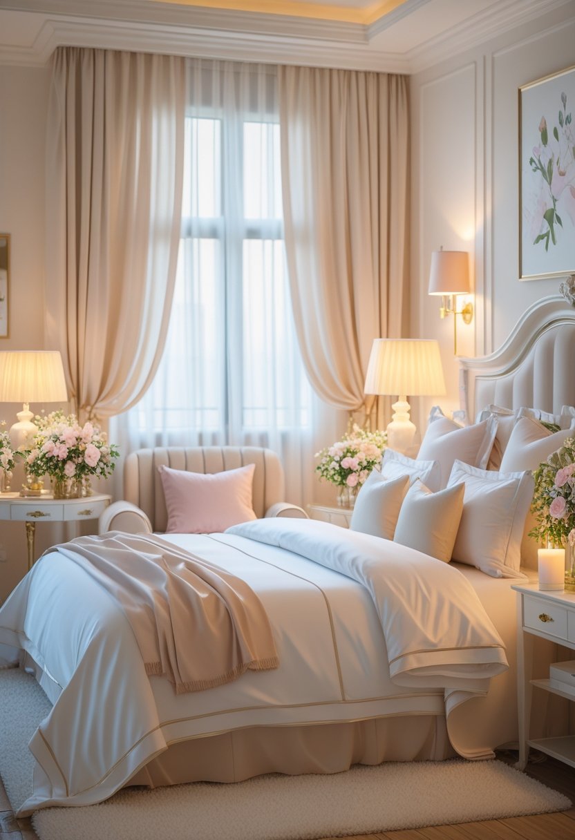 A romantic bedroom with a large bed, soft linens, floral decorations, and warm natural light.