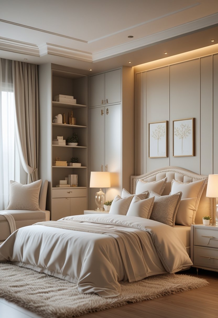 A romantic bedroom with a large bed, nightstands with lamps, artwork on the walls, and storage furniture, softly lit by natural light.