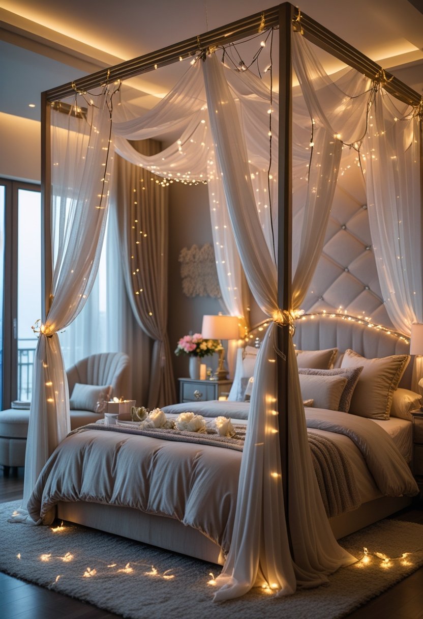 A bedroom with a large canopy bed draped with sheer curtains and soft bedding, softly lit to create a warm and intimate atmosphere.