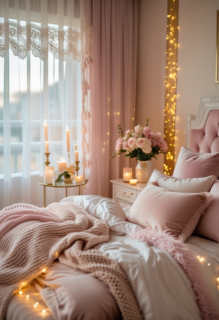 A cozy bedroom with a neatly made bed, soft pillows, flowers on a bedside table, and warm natural light coming through sheer curtains.