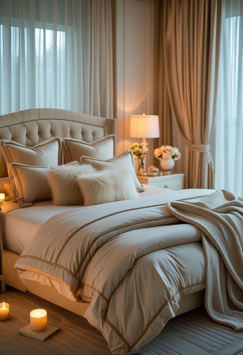 A luxurious bedroom with a neatly made bed, soft pillows, a cozy throw blanket, warm lighting, fresh flowers on a nightstand, and sheer curtains letting in natural light.