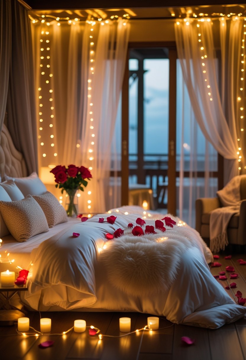 A romantic bedroom with a large bed covered in white linens, rose petals scattered on the bed and floor, fairy lights glowing softly, a vase of red roses on a bedside table, and sheer curtains flowing gently.