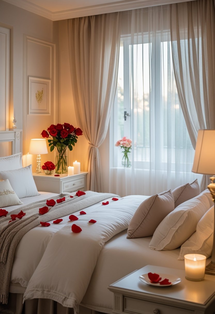 A cozy bedroom with a large bed, soft white linens, rose petals on the bed, a vase of red roses on a bedside table, and soft natural light coming through a window.