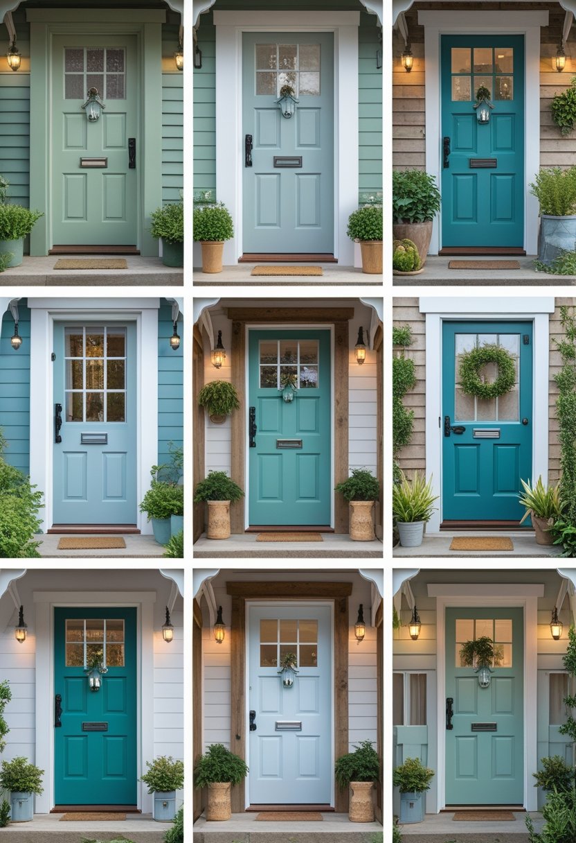 Six colorful front doors arranged in two rows, each with unique colors and decorative details, set against rustic exterior walls with plants nearby.