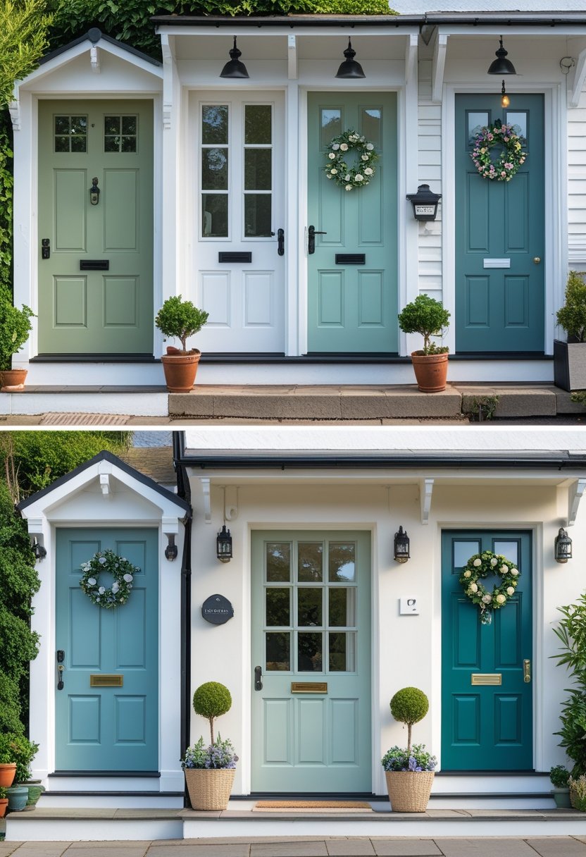 Six colorful cottage-style front doors arranged in two rows, showing different shades including green, blue, and teal, with surrounding plants and charming house details.