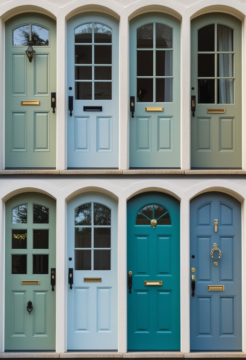 Six front doors in two rows showing different colors including green, blue, and teal, set against a light exterior wall.
